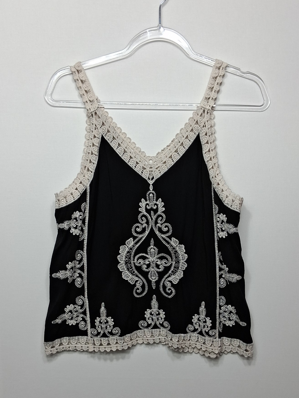 Ultra Pink Black Camisole with Cream Crochet Embroidery